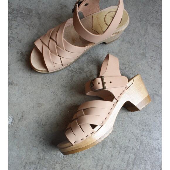 No. 6 Shoes - No. 6 Woven Leather Wooden Clogs Heels Sandal Beige 7 Tan Natural 37 Ankle Strap